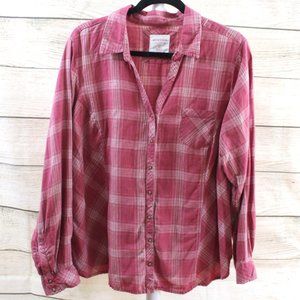 SONOMA Cotton Snap Front, Light Red & White Plaid, V-Neck